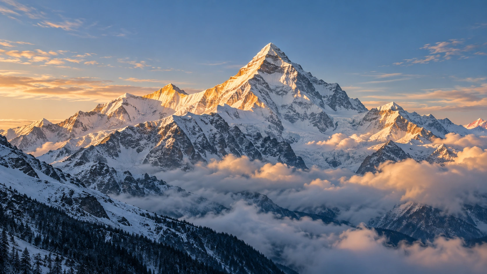 晨光照亮积雪山峰，云雾穿行在山腰与谷地